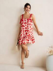 VALERIA GALIPOLI Square Neck Mini Dress A-Line Ruffles Wide Straps Bow Denim Effect Women Summer Vacation Beach - Multicolor - View 1