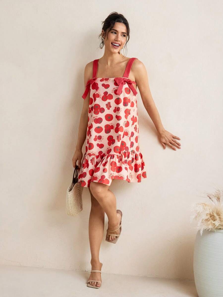 VALERIA GALIPOLI Square Neck Mini Dress A-Line Ruffles Wide Straps Bow Denim Effect Women Summer Vacation Beach - Multicolor - View 1