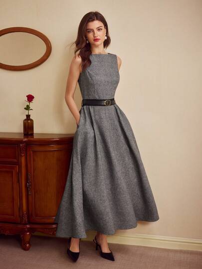 Vintamour 复古优雅女式连衣裙，修身船领无袖紧身连衣裙，配有口袋、腰带和喇叭形下摆，长款婚礼宾客礼服，女士夏季连衣裙，节日服装，毕业礼服，节日服装，女士商务休闲女式工作服，女士教师服装