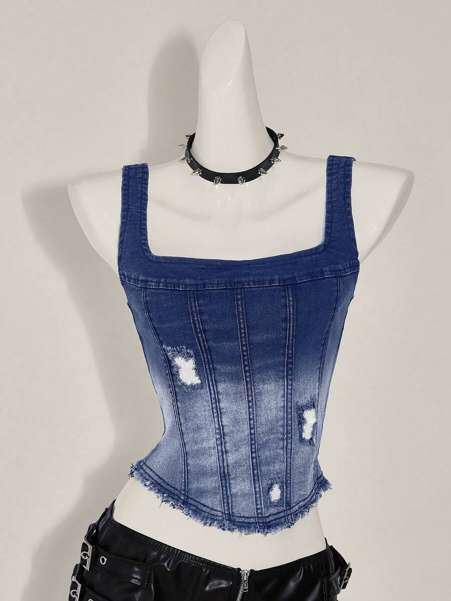 SHEIN ICON Women Gradient Denim Top, Fashionable For Summer - Blue - View 1