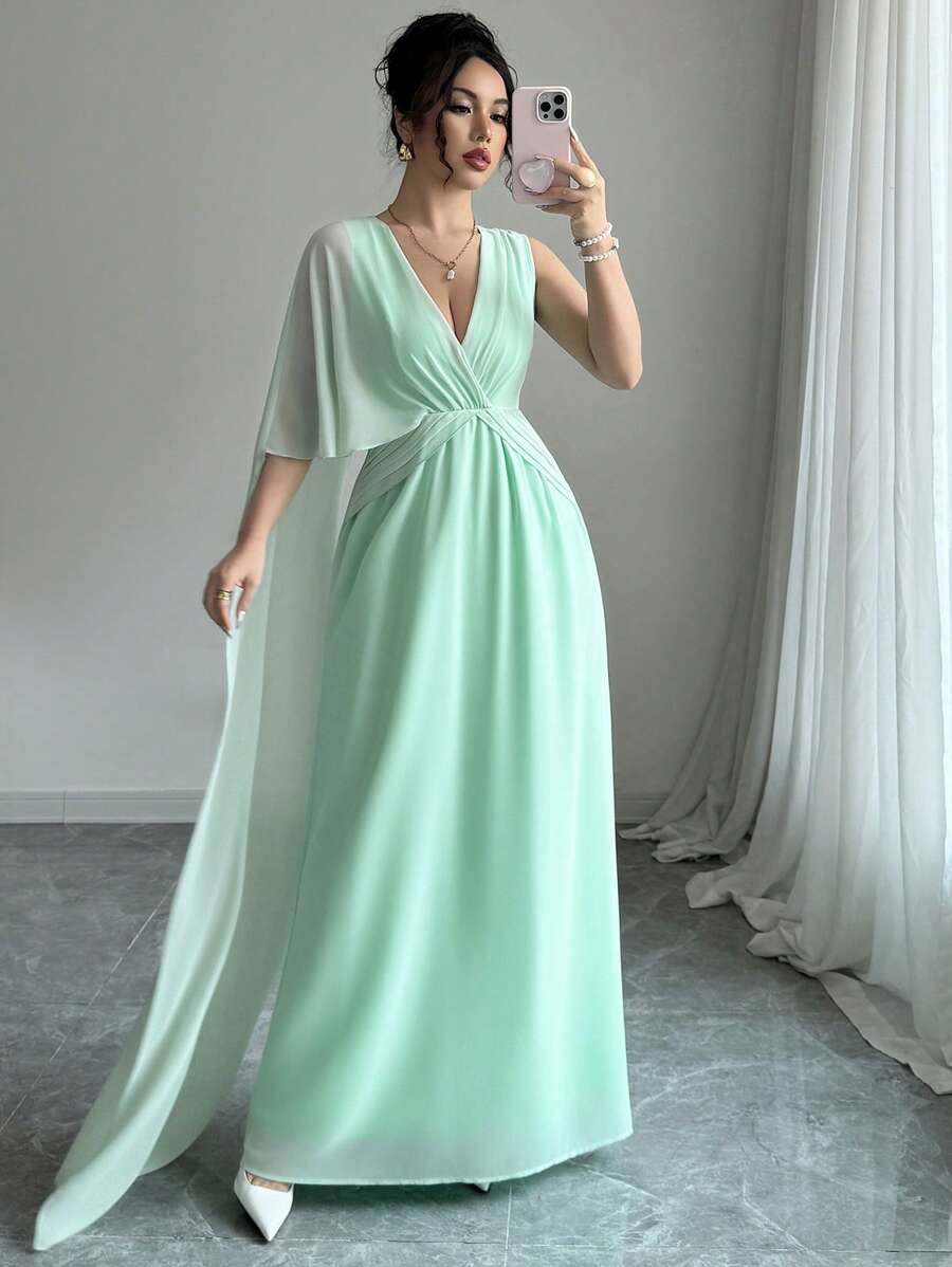 Elenzga Váy suông voan mỏng cổ chữ V màu xanh bạc hà có lót và khóa kéo, váy dài thanh lịch dành cho nữ - Màu xanh Bạc hà - Xem 1