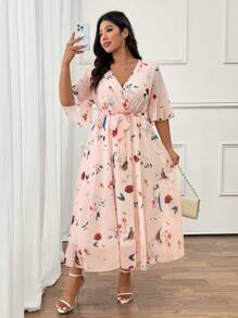 Cravure Đầm in họa tiết cổ tròn tay loe quấn chéo cỡ lớn mùa hè - Màu Hồng baby - Xem 3