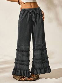 Easelle Pantalones cortos sueltos y acampanados de verano informales y de vacaciones, lavado desgastado negro, para mujeres - Negro - Ver 5