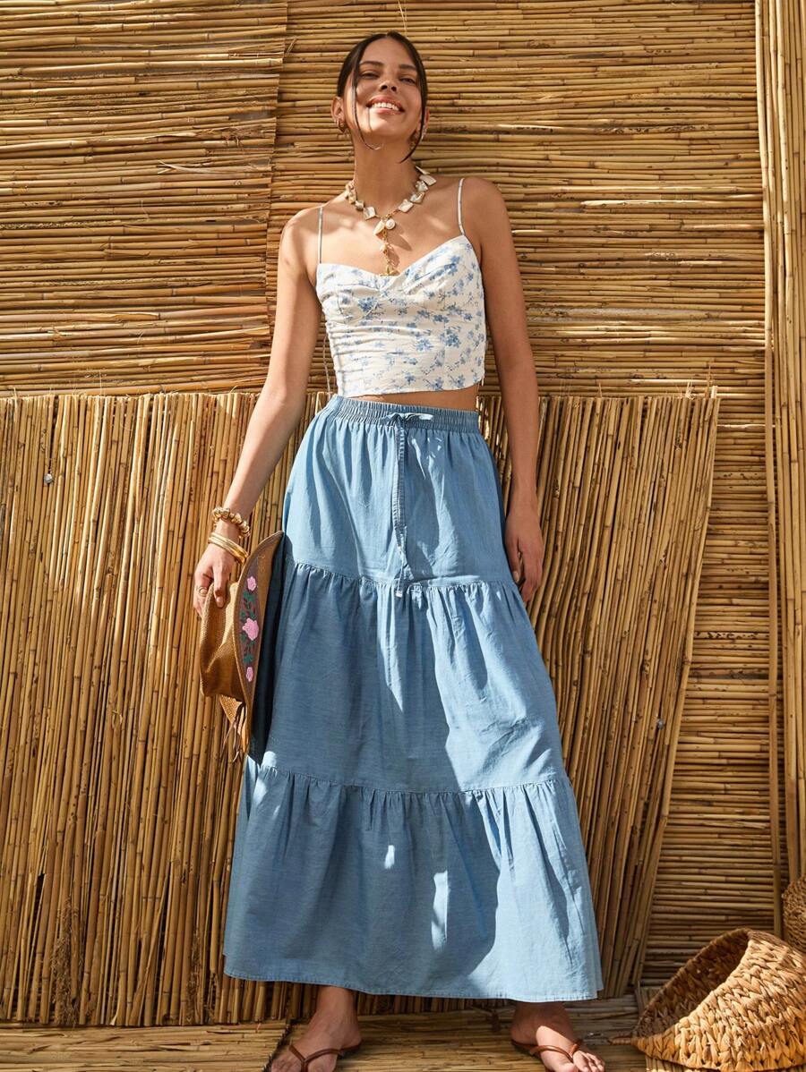 Bóhologie Women's Indigo Drawstring Casual Long Skirt - Blue - View 1