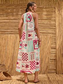 Bóhologie Vestido bohemio estilo A-line con cuello halter y bordado floral, vestido bohemio para mujer