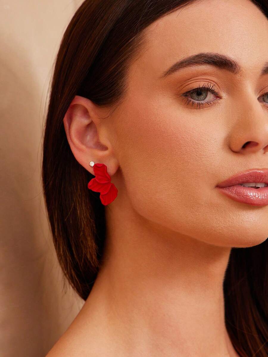 1 对时尚花朵元素旅行和派对哑光耳钉 - 紅色 - 查看 1