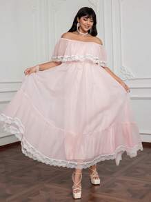 Flirla 时尚夏季宽松粉色蕾丝边露肩飘逸长裙 - 粉色 - 查看 1