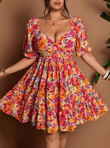 Flirla Váy đi biển mini cổ vuông tay bồng mùa xuân/hè cỡ lớn cho nữ có họa tiết hoa nhỏ cổ điển - Nhiều màu - Xem 3