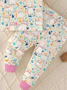 Baby Girl Casual Slim Fit Comfortable Round Neck Short Sleeve Pants Home Set, Suitable For Spring & Summer - Multicolor - View 4