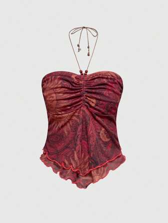 Hippie Allover-Muster gerafftes Neckholder-Top mit asymmetrischem Saum, lässiges Tank Top