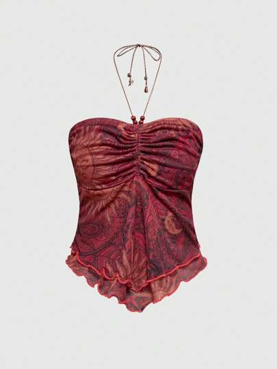 Hippie Top informal sin mangas con cuello halter, drapeado y bajo asimétrico con estampado completo