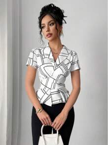 Chiquease Geometric Pattern Print Design Pleated Waist Sleeveless Blouse - White - View 1