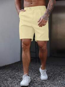 Manfinity Homme Quần short nam dáng rộng thoải mái có thắt lưng, quần short nam mùa hè - Màu Mù tạt vàng - Xem 3