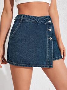 SHEIN ICON 女式夏季休闲前扣裹身牛仔短裤 - 藍色 - 查看 4