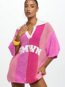 SUMWON WOMEN Crochet Oversized Polo Collar Pullover Mesh Knit Beach Top Summer Vacation Resort Holiday Casual Wear,Tops For School