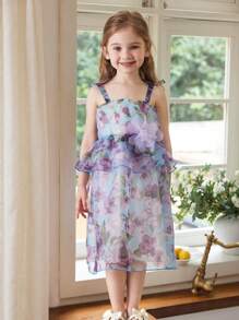SHEIN Gaun Midi Organza Motif Bunga Ungu Biru yang Lucu untuk Anak Perempuan dengan Tali Bahu Tipis dan Bagian Bawah Mengembang - MultiWarna - View 5