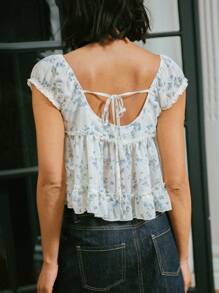 lacRébo 复古风格花卉印花纽扣前开襟衬衫，泡泡袖，后背镂空，度假装，女士可爱秋季上衣，秋冬 - 彩色 - 查看 2