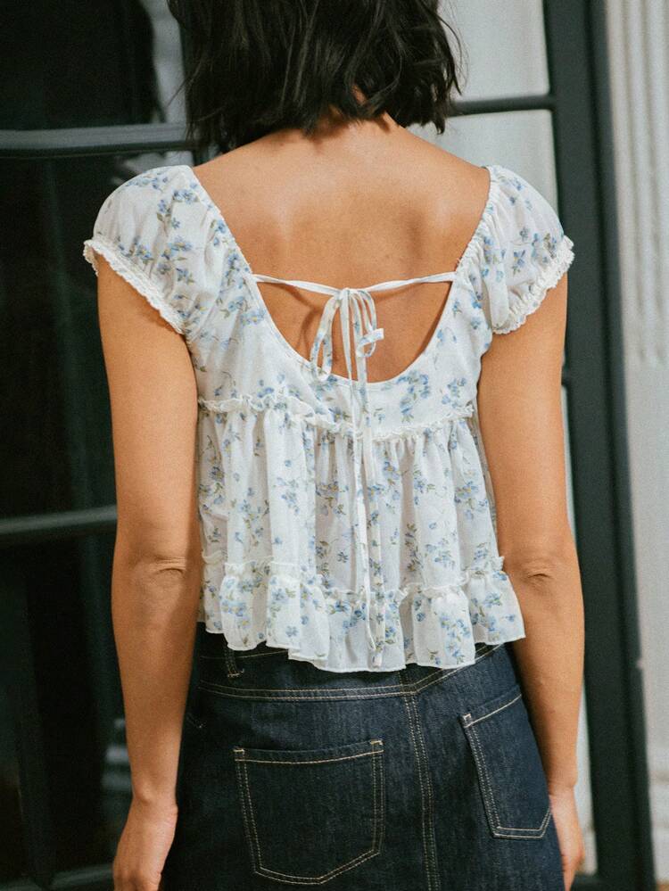 Vintage Style Floral Print Button Front Top With Puff Sleeve And Cut Out Back Vacation Women Cute Spring Top Spring Summer