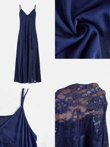 EMERY ROSE Váy maxi chữ A họa tiết ren satin dành cho nữ, váy suông, trang phục đi nghỉ dành cho nữ, váy sinh nhật dành cho nữ, váy dự tiệc cưới dành cho nữ - Màu xanh hải quân - Xem 5