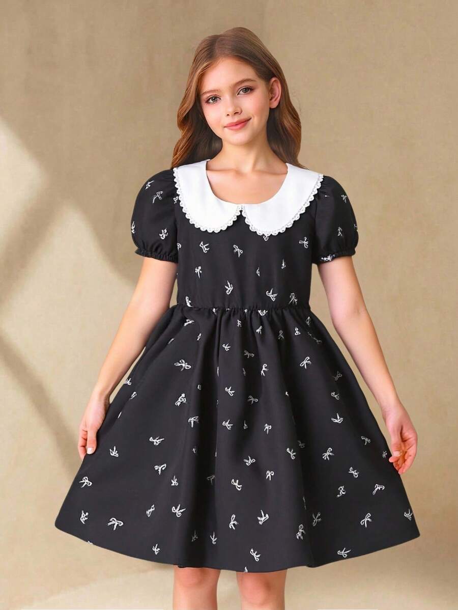 Girls' Stylish Printed Bow Decor Cocktail Dress For Party, Graduation Ceremony, Summer - Black - View 1