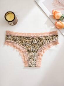 SHEIN Sexy Leopard Print Mesh Lace Patchwork Thong Panties ClassicAnimalPrint - Multicolor - View 3