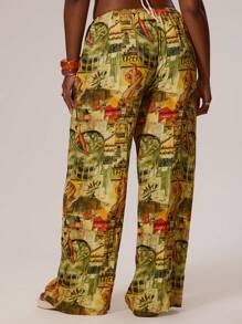 MUSERA 大码系带腰印花亚麻质感直筒裤，适合泳装、假日、度假、夏季、海滩穿着，性感可爱休闲。 - 彩色 - 查看 4