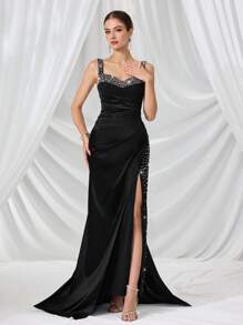 Coutiva Women's Crystal Embellished Ruffle Open Slit Maxi Formal Evening Dress Luxurious Women's Evening Dresses Black Dress Soft Dress Summer Dress Sequin Dress, Party Dress, Gown, For Wedding Guest - Black - View 5