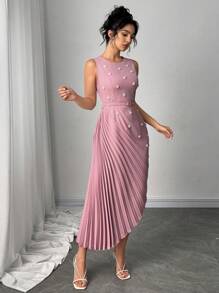 Modelyn Women's Sleeveless Pleated Asymmetrical Hem Dress - Pink - View 4