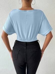 Chiquease Women Solid Color V-Neck Ruched Bodysuit - Blue - View 2