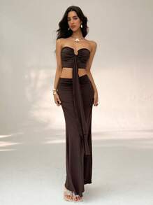 Aloruh 新款性感镂空无袖上衣，荷叶边装饰和抽绳，搭配修身超长鱼尾裙，复古两件套金属配饰，咖啡色，百搭