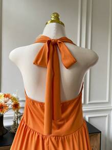 SHEIN EZwear Plus Size Orange Halter Tie-Waist Ruffle Decorated Jumpsuit, Resort Style For Spring/Summer - Orange - View 6