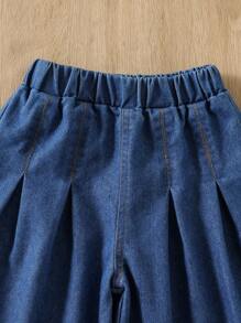 SHEIN 2 件套年轻女孩休闲牛仔混合泡泡袖服装，适合春夏季日常穿着 - 藍色 - 查看 7