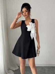 Elenzga V-Neck Floral Colorblock Mini Dress With Waist Cinch, Sleeveless Elegant French Summer Vacation Style - Black - View 6