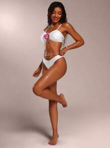 SHEIN Forever 21 Summer Women/Beach/Vacation/Cruise/Flower-Decorated White Bikini Two-Piece Set