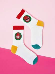 THE POWERPUFF GIRLS X SHEIN Blossom Pattern Fashionable Cute Contrast Color Crew Socks - White - View 3