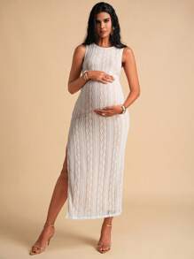 MaterniChic Maternity Lace Scoop Neck Side Split Hem Elegant Dress Baby Shower Maternity Dress Birthday Dresses For Maternity White Dress - White - View 8