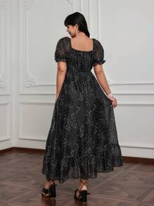 Lyrianda Plus Size Romantic Square Neck Cinched Waist Ruffle Hem Dress