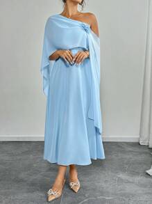 Elenzga Plus Size Women Holiday Casual Solid Color Asymmetrical Collar Ruffles Decorative Slip Dress - Blue - View 3