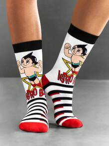 Astro Boy X SHEIN 2 Paar weiche und atmungsaktive Damen Gestreifter Crew Socken, verstärkte Zehenpartie und Ferse für Haltbarkeit, geeignet für alle Jahreszeiten