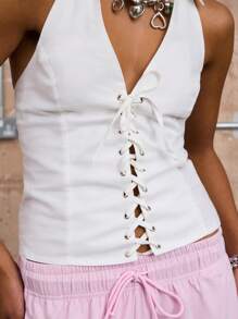 COUREZ Canottiera con lacci, top di lino estivo per donna, outfit estivi casual, abbigliamento da uscita, stile vintage Y2K