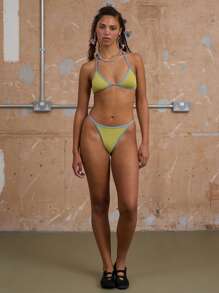 COUREZ Bộ bikini tam giác cổ yếm viền tương phản với quần cạp cao / Trang phục mùa hè cho nữ, đồ bơi đi biển mùa hè, phong cách cổ điển Y2K - Nhiều màu - Xem 2