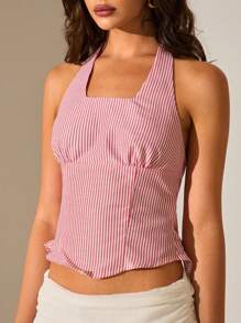 Glamine Glamine Women Striped Halter Casual Sleeveless Blouse Summer Sexy Backless Bow-Tied Adjustable Buckle Suspenders