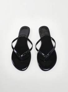 Solezae Faux Patent Leather Thong-Toe Flip Flops Summer Shoes Spring Shoes Spring Break Easter Mother's Day Present - Black - View 2