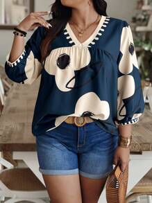 EMERY ROSE Plus Size Women's Casual V-Neck Lantern Sleeve Contrast Color Printed Blouse, Summer Fall - Multicolor - View 3