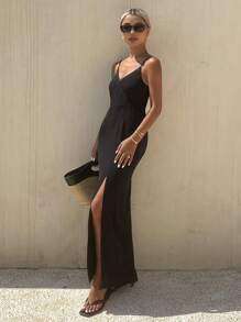 Livesso Women Solid Color Spaghetti Strap Sleeveless Criss-Cross Wrap Split Dress