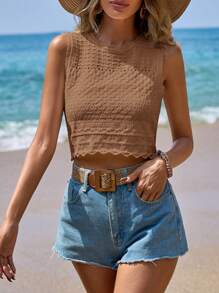 SHEIN Frenchy Top sin mangas de punto con cuello redondo, tops de verano para temporada de bodas, tops bohemios lindos para mujeres