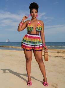 Slaydiva 2025 New Beach Rainbow Party Multicolor Stripe Halter Crop Top & Mini Shorts 2 Pieces Set, Plus Size - Multicolor - View 2