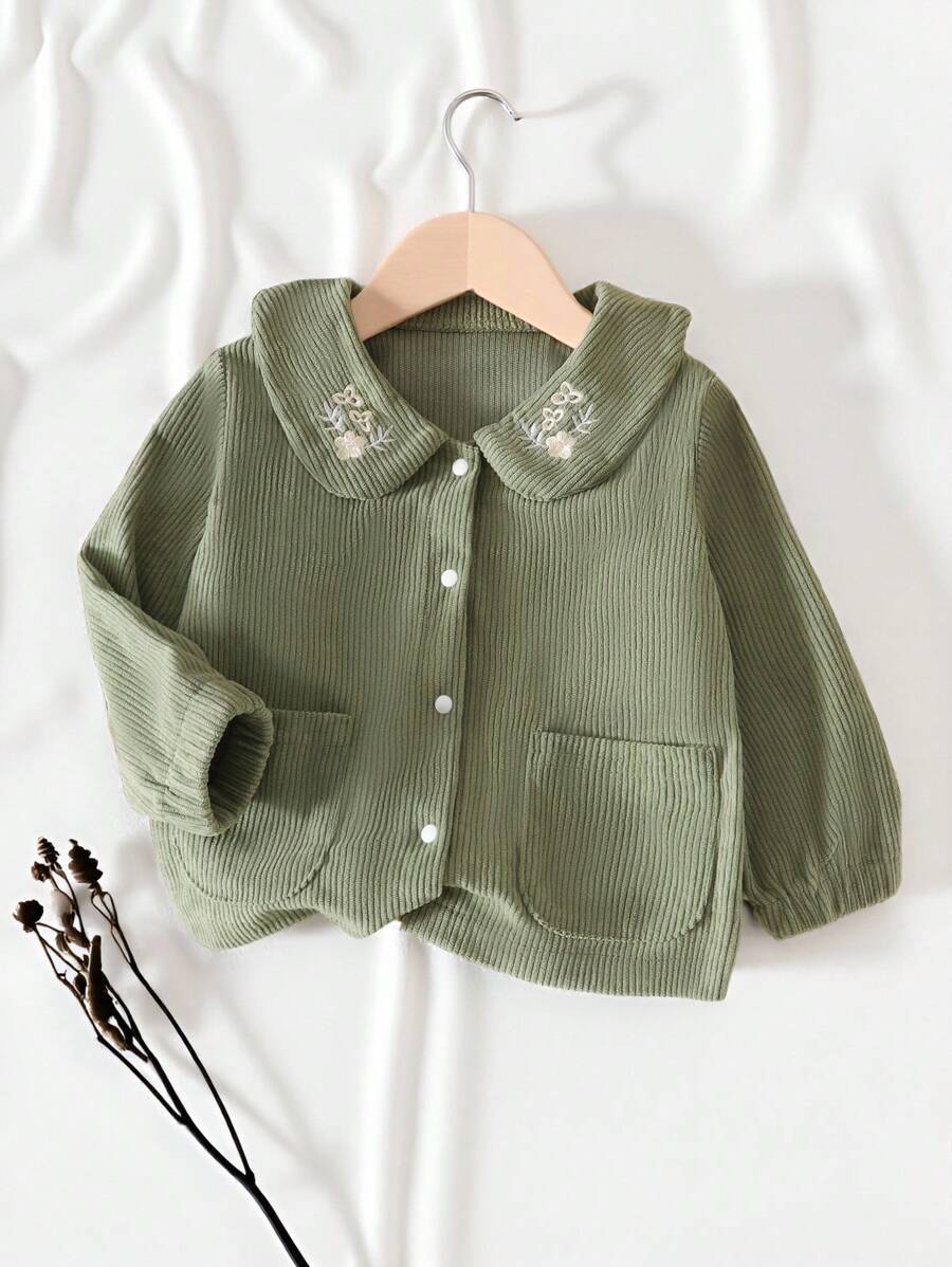 SHEIN Vintaside Kids Baby Girl Corduroy Woven Popular Spring/Autumn/Winter Solid Color Jacket - Army Green - View 1