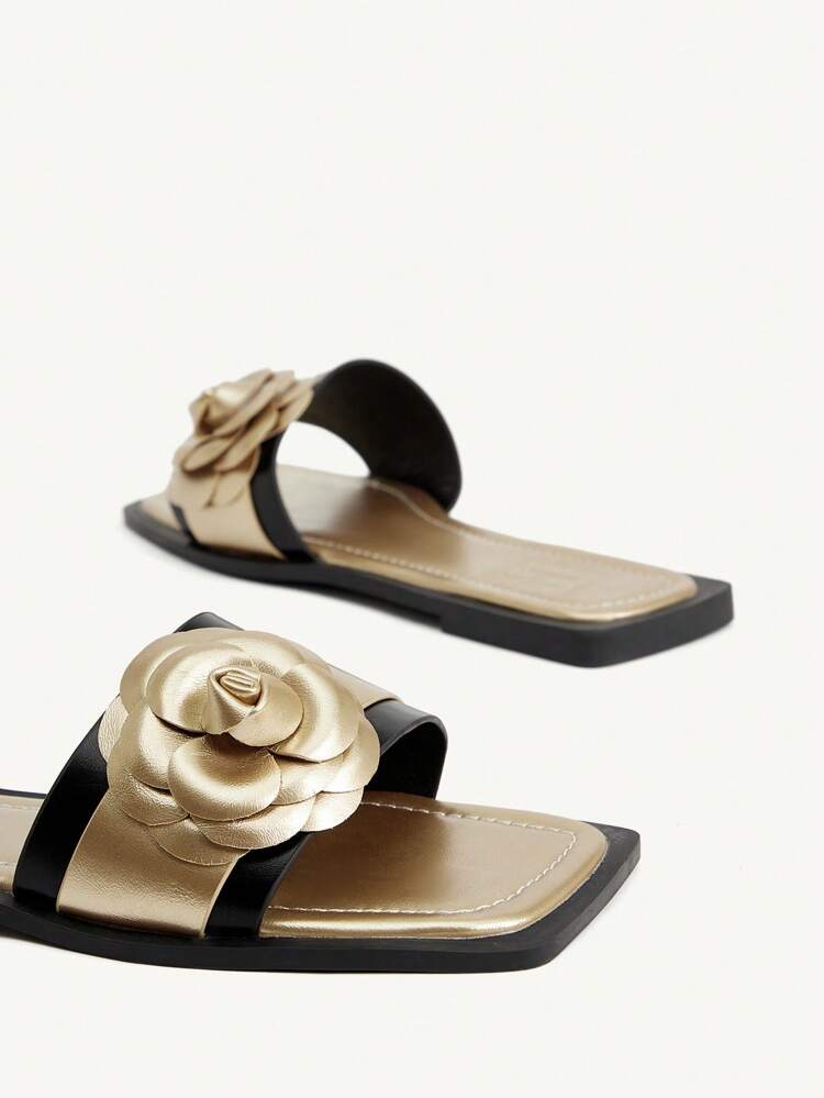CUCCOO CHICEST Women's Vintage Elegant Flower Decor Square Toe Flat Sandals, Comfortable Two-Tone Casual Holiday Beach Romantic Party Shoes For Valentine's Day