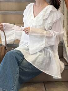 FRIFUL Áo sơ mi dài tay dáng rộng cổ và viền bèo nhún cho kỳ nghỉ dành cho nữ - trắng - Xem 6